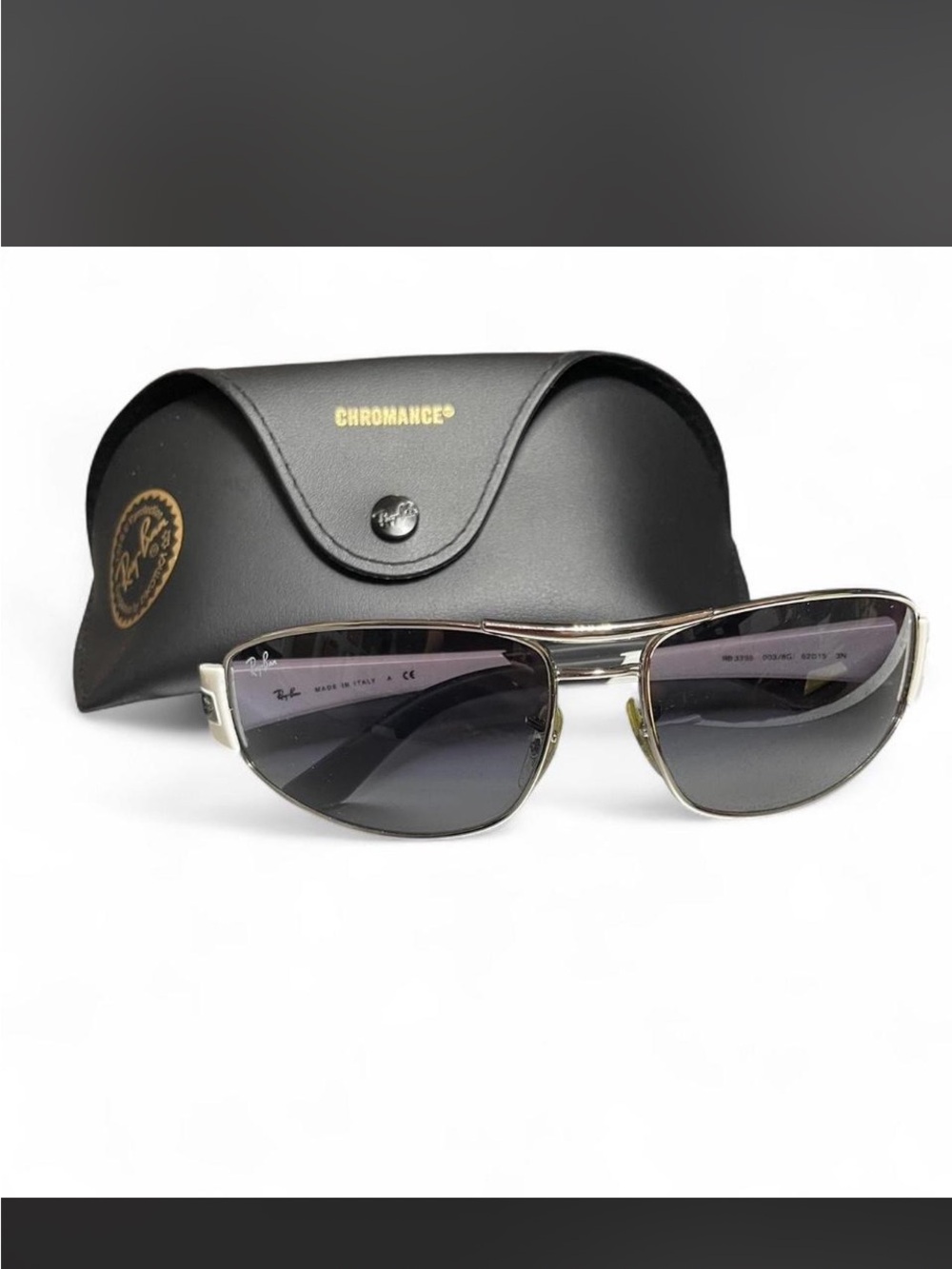 Ray-Ban Silver Frame Sunglasses with Gray Lenses and White Temples
